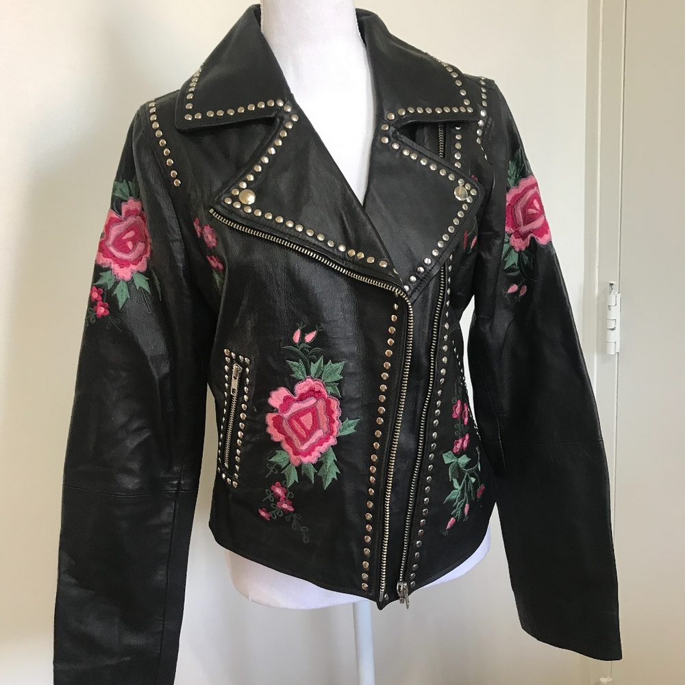 Barneys Original Embroidered Leather Biker Jacket